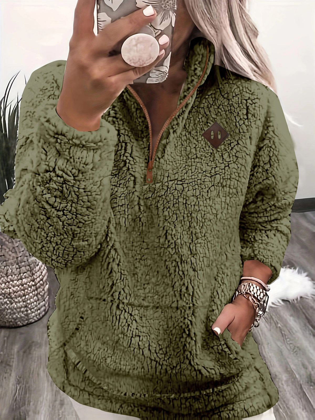 Elin | Textured Quarter Zip Sweater with Chest Patch for Women
