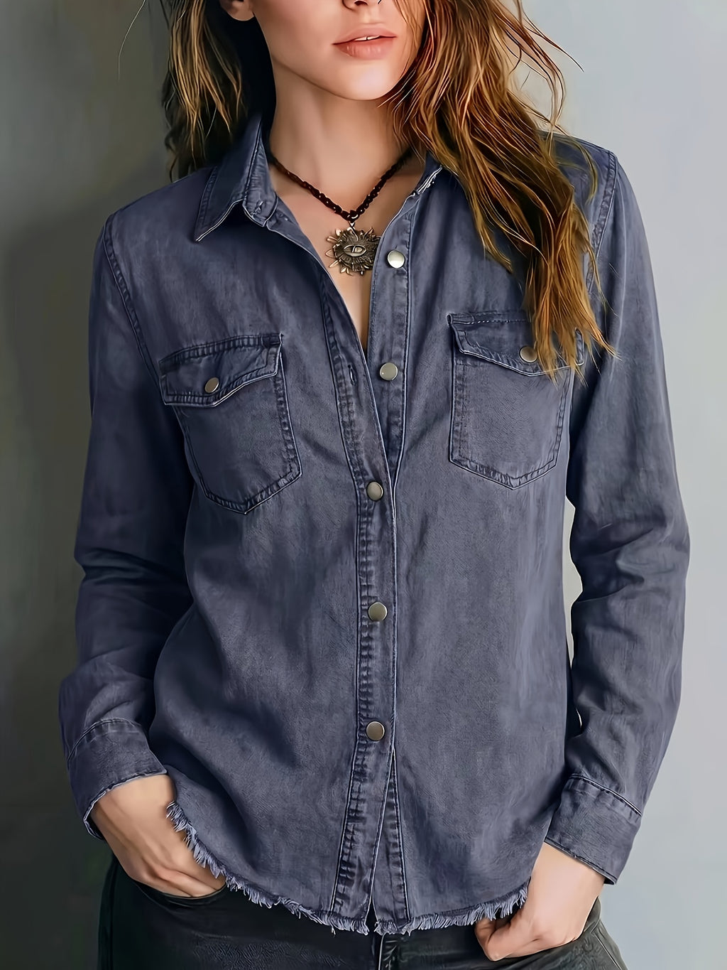 Ariane | Washed Button-Front Shirt with Fringe Hem for Women