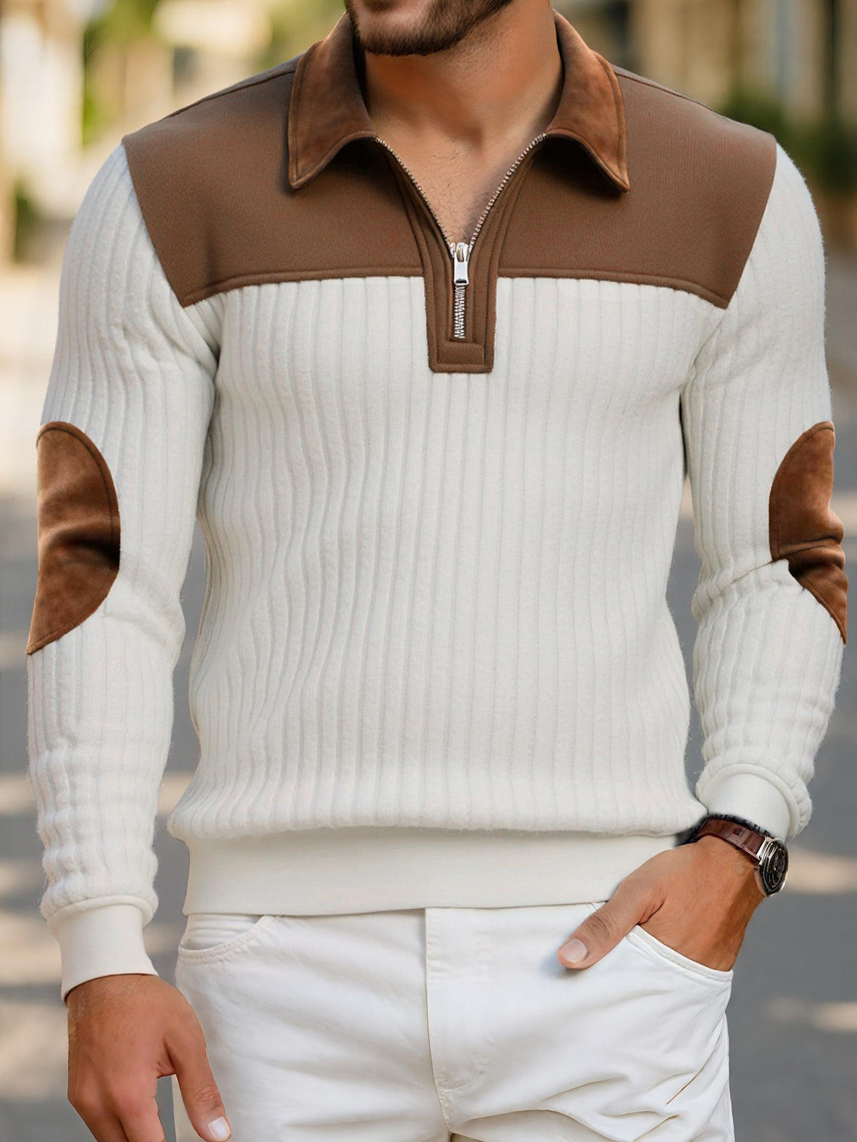 Reid | Color-Block Ribbed Quarter Zip Sweater for Men