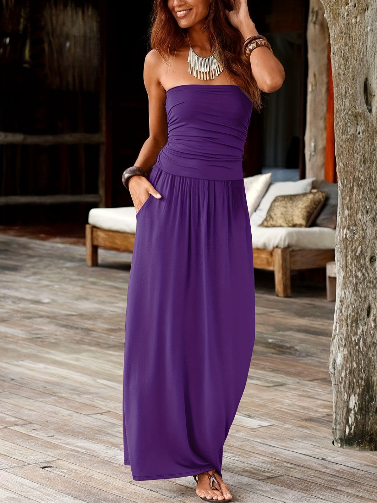 Catharina | Ruched Bandeau Maxi Dress with Pockets for Women
