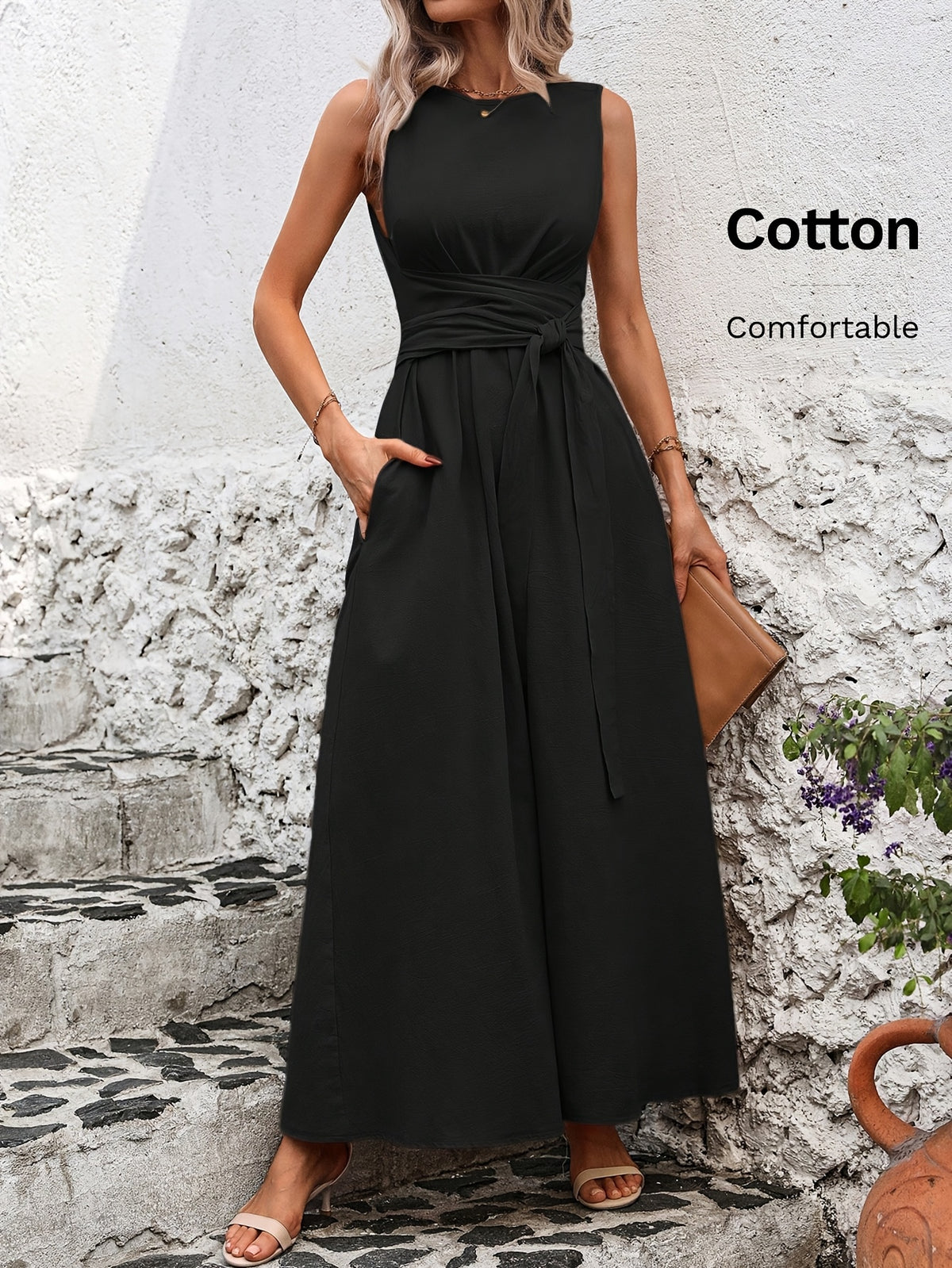 Caroline | Belted Wrap-Waist Sleeveless Maxi Dress for Women