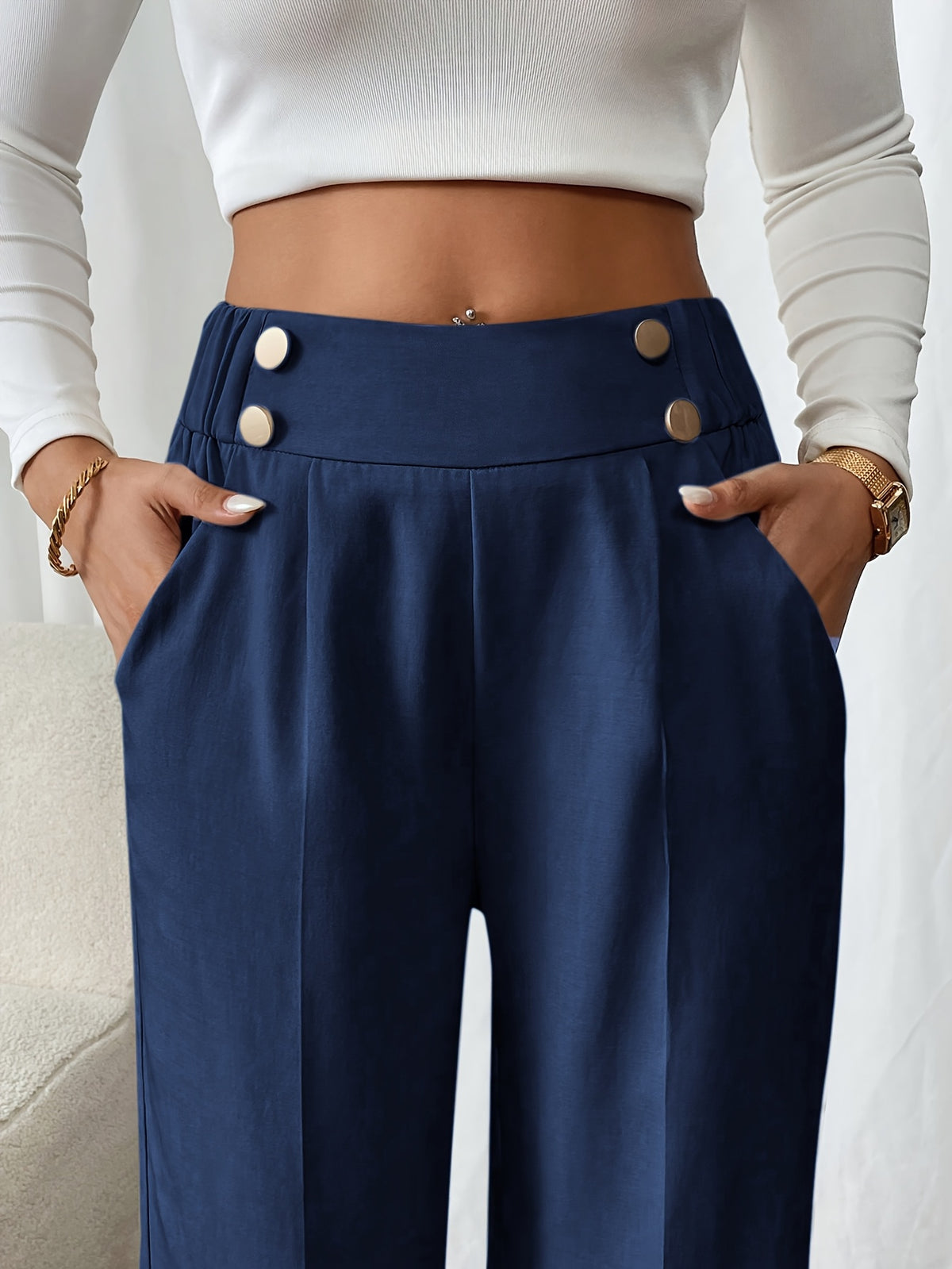 Evi High-Waist Wide-Leg Sweatpants with Button Flap for Women