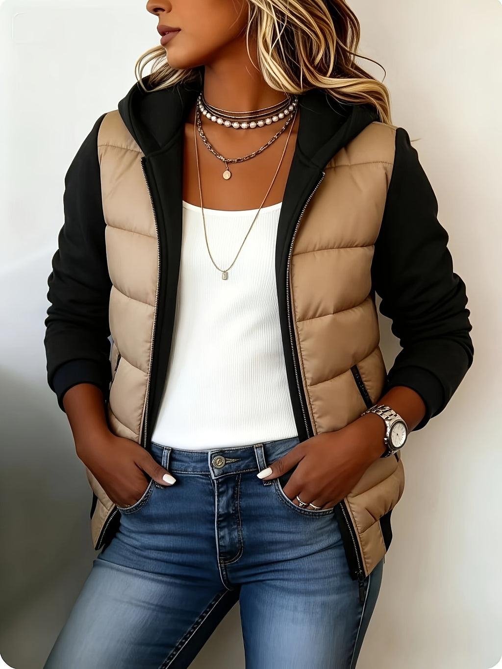 Bea | Quilted Colorblock Puffer Jacket with Hood for Women