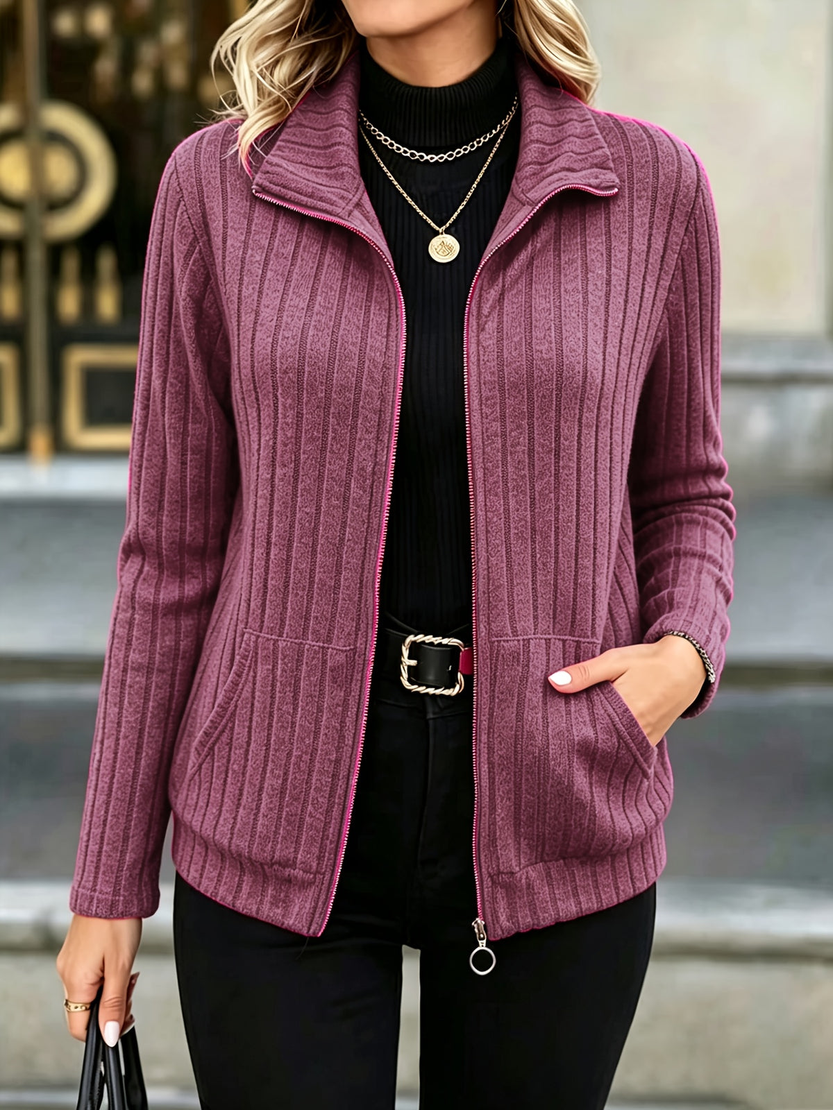 Priska | Ribbed Zip-Front Blazer Jacket with Pockets for Women