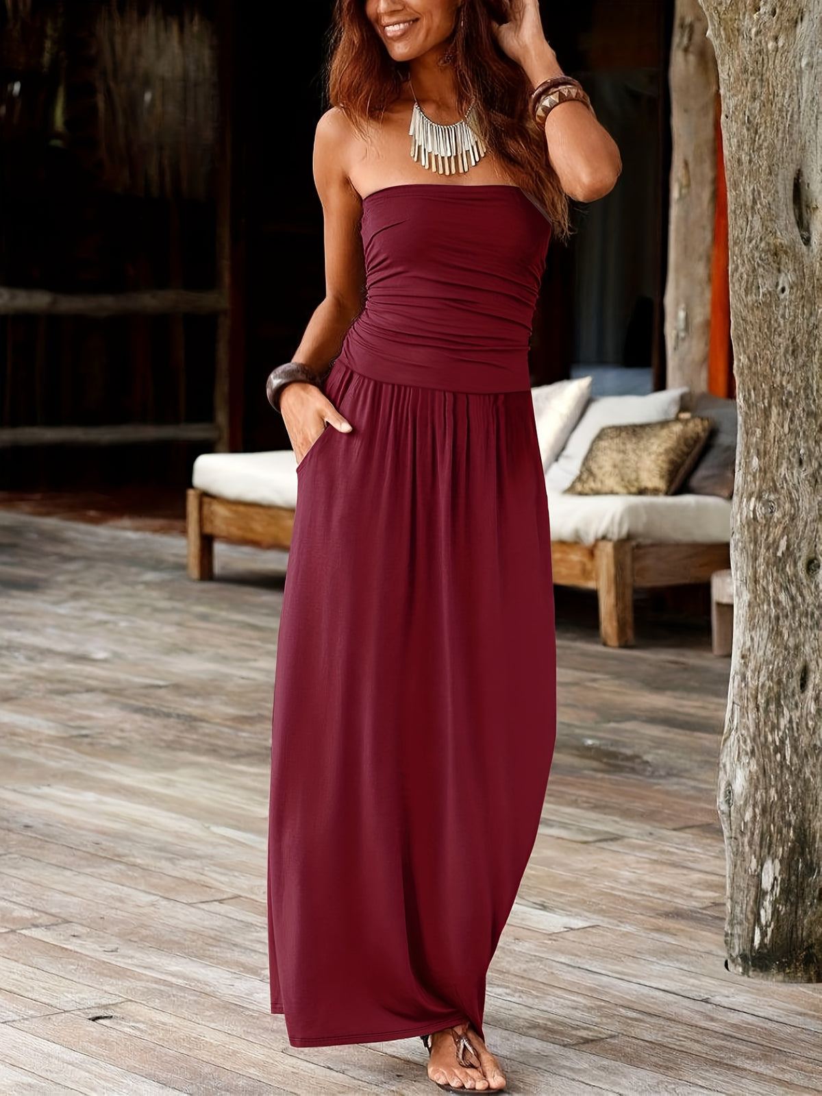 Catharina | Ruched Bandeau Maxi Dress with Pockets for Women