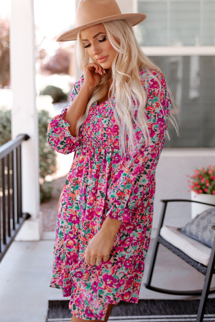Smocked Puffy Sleeve Floral Dresses