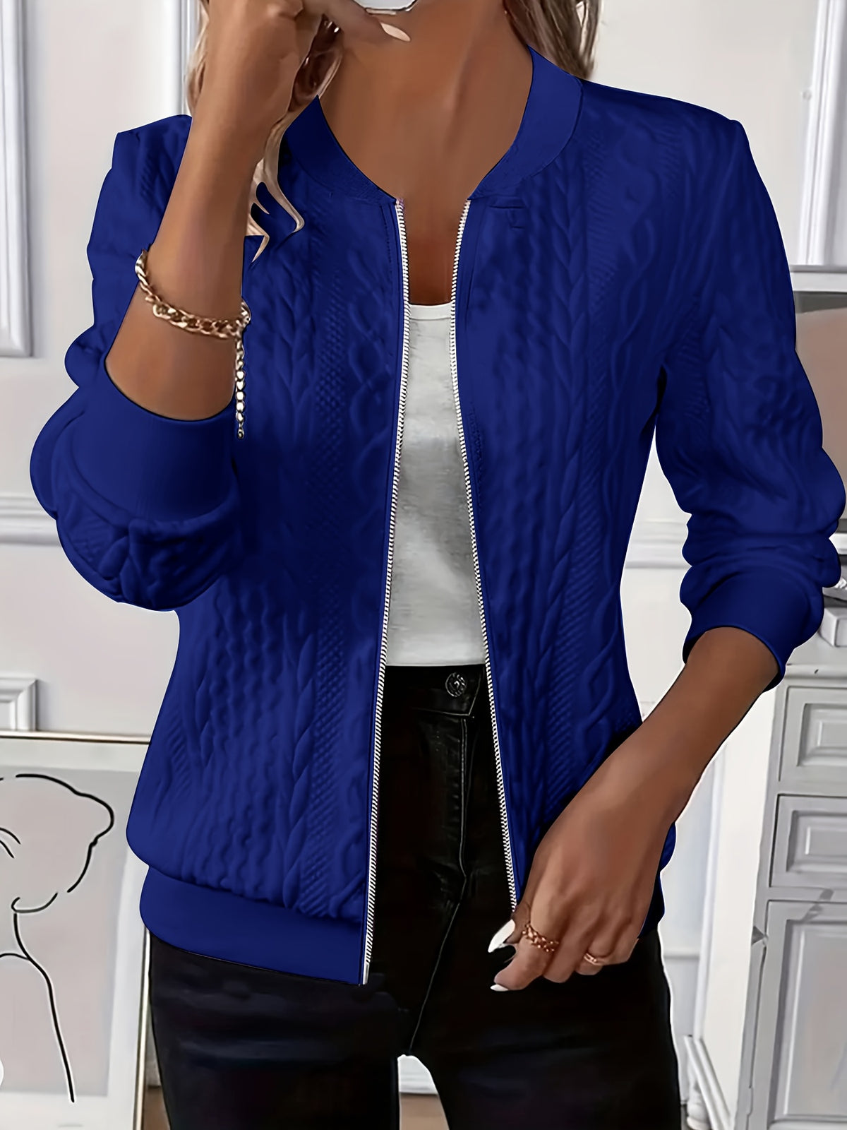 Odelia Cable-Textured Zip-Up Bomber Jacket for Women