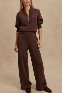 Almira | Women's Two Piece Set Zip-Up Top Wide Pants