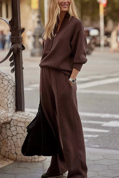 Almira | Women's Two Piece Set Zip-Up Top Wide Pants