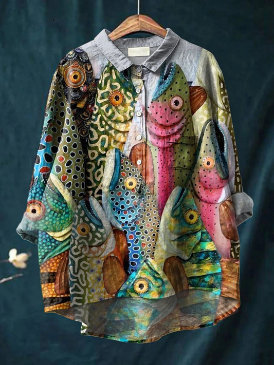 Anneliese | Vintage Funny Fish Art Print Casual  Shirt 0