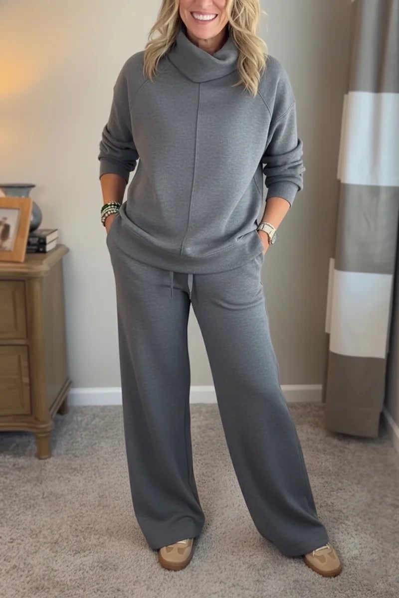 Aveline | Women's Lounge Set Turtleneck Top Wide-Leg Pants