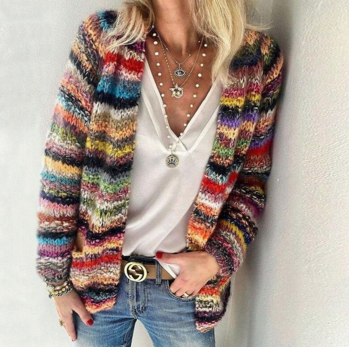 Nyella | Striped Open-Front Cardigan with Patch Pockets