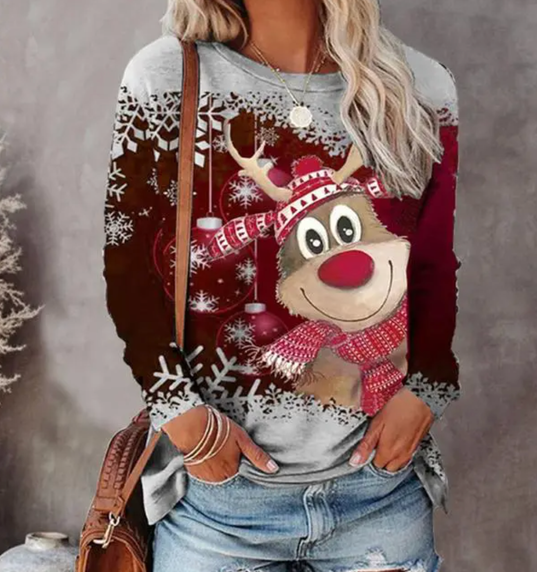 Jacinta | Reindeer Print Crew Neck Christmas Sweater for Women