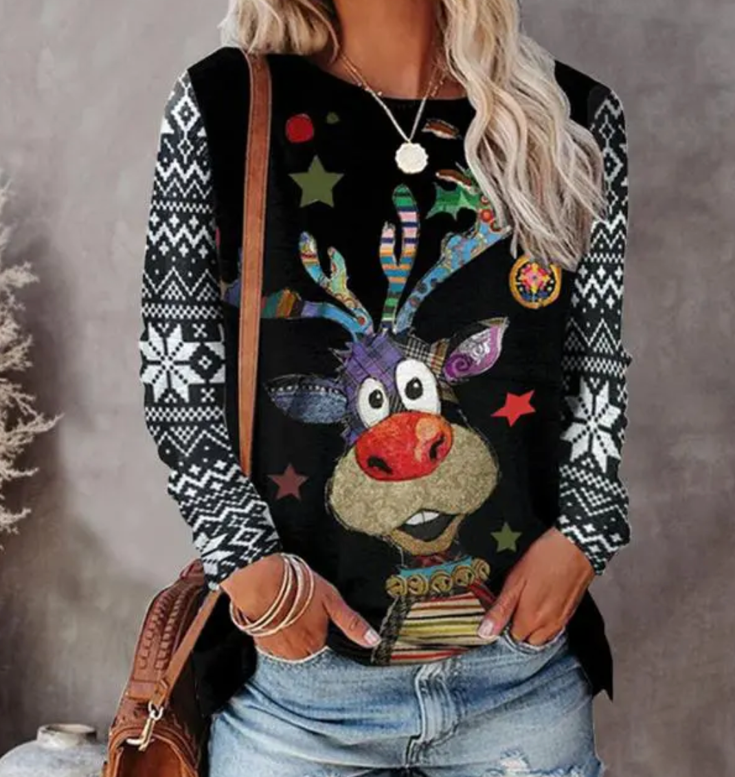 Jacinta | Reindeer Print Crew Neck Christmas Sweater for Women