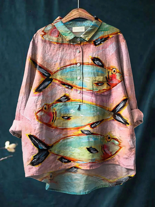 Blythe | Women's Vintage Fish Art Print Casual  Shirt 0