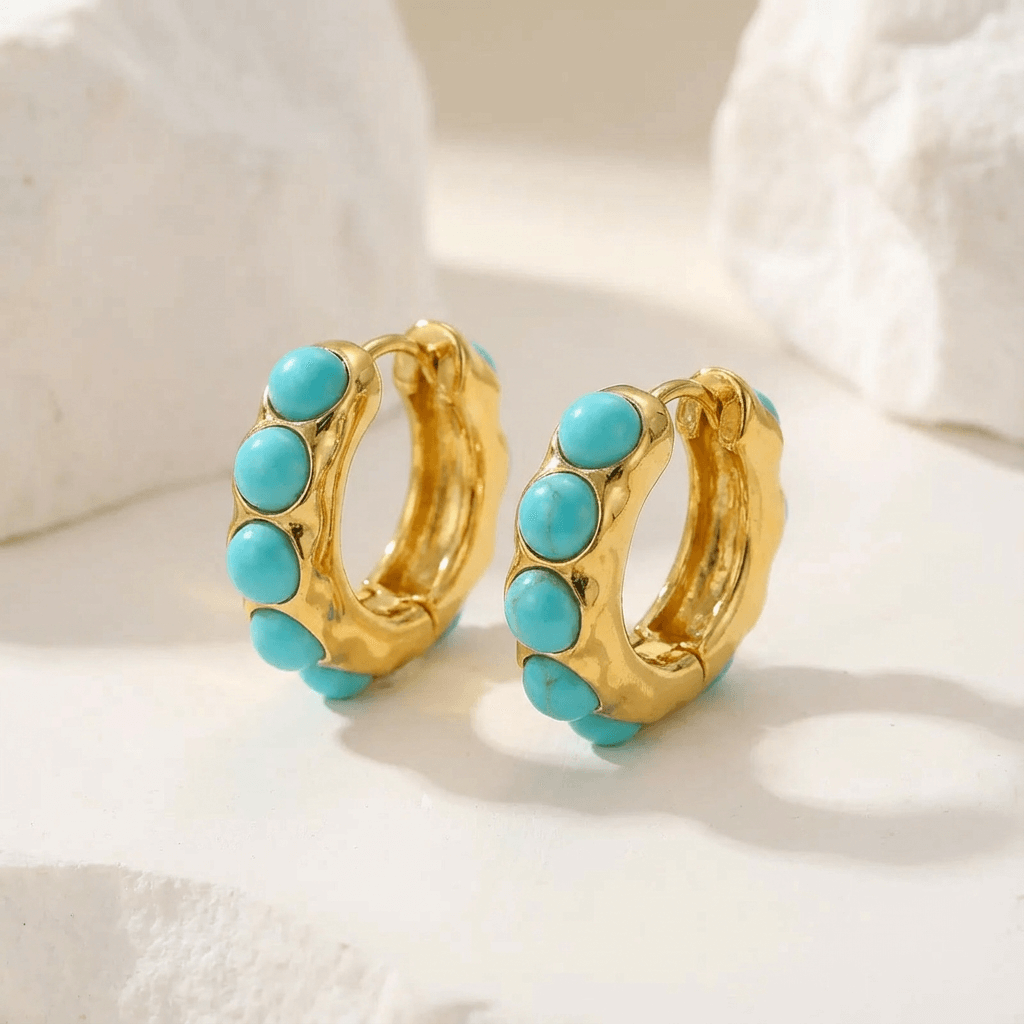 Bold Turquoise Stone Sculpted Hoop Earrings 0