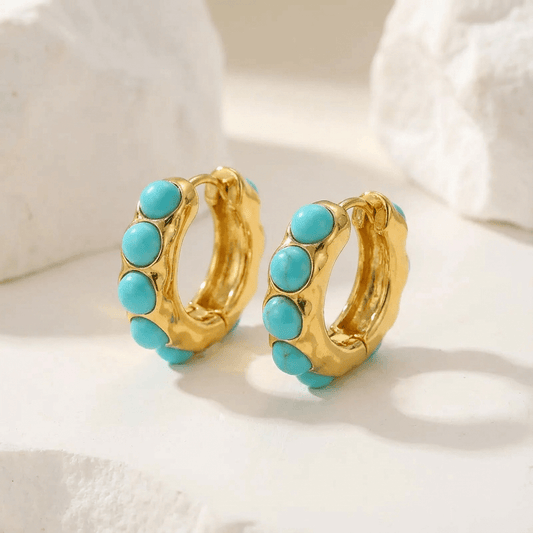 Bold Turquoise Stone Sculpted Hoop Earrings 0