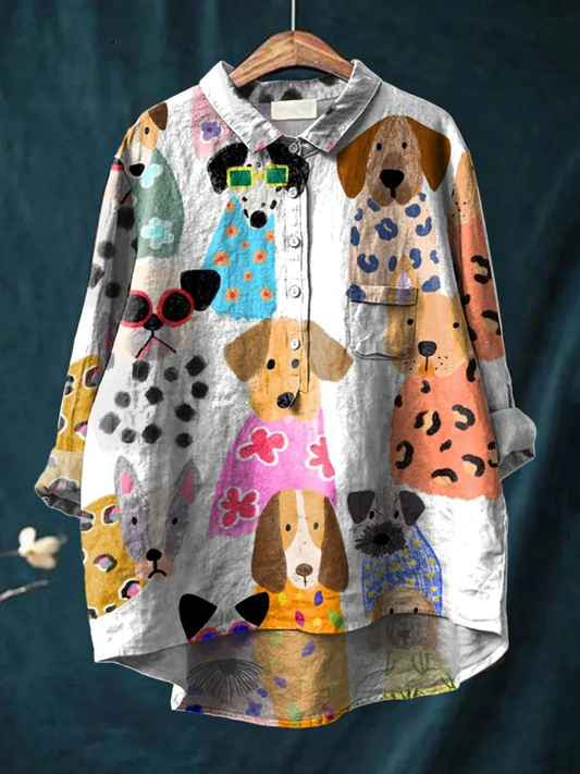 Brigitte | Women's Colourful Fun Cartoon Puppy Print Casual  Shirt 0