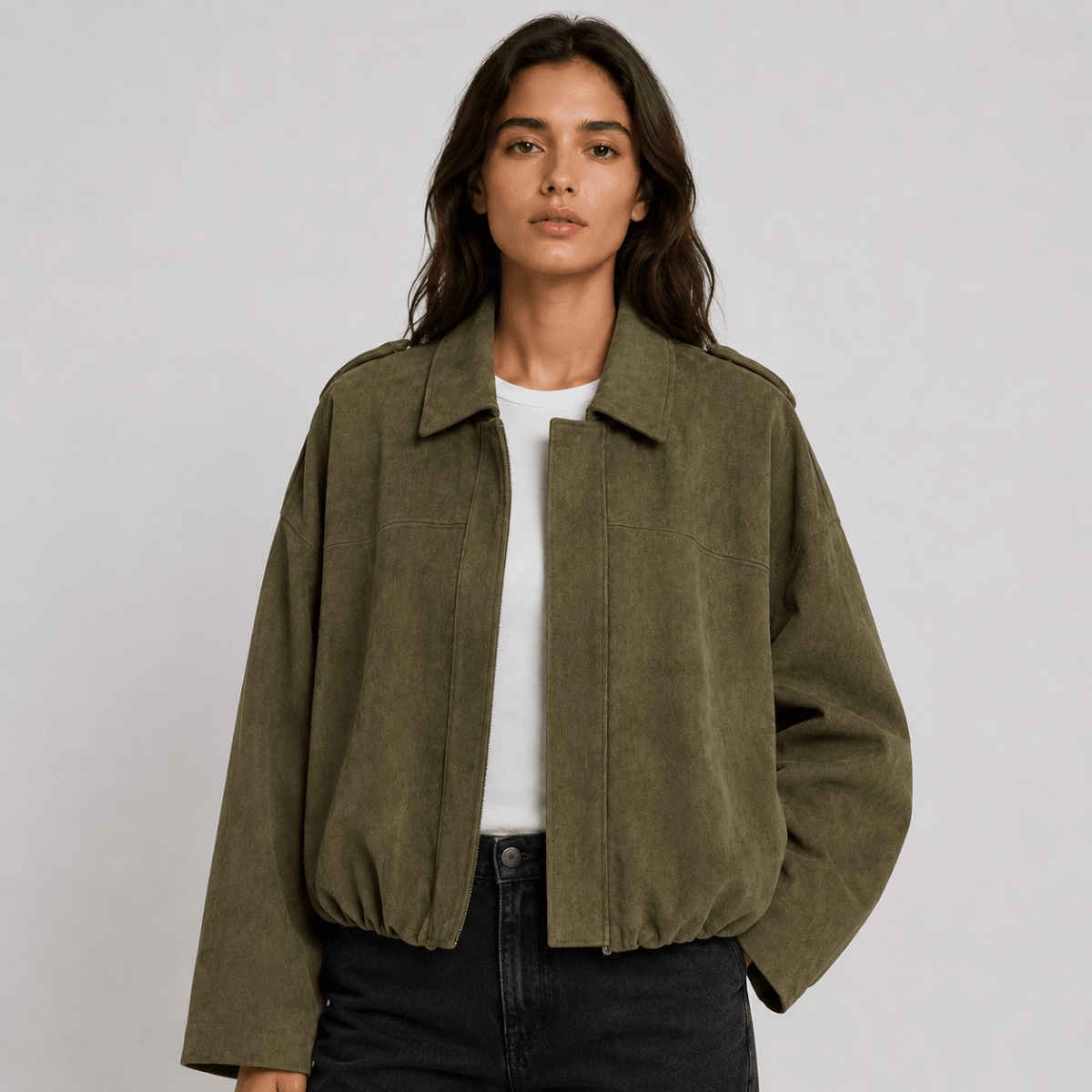 Hillevi | Collared Faux Suede Bomber Jacket for Women