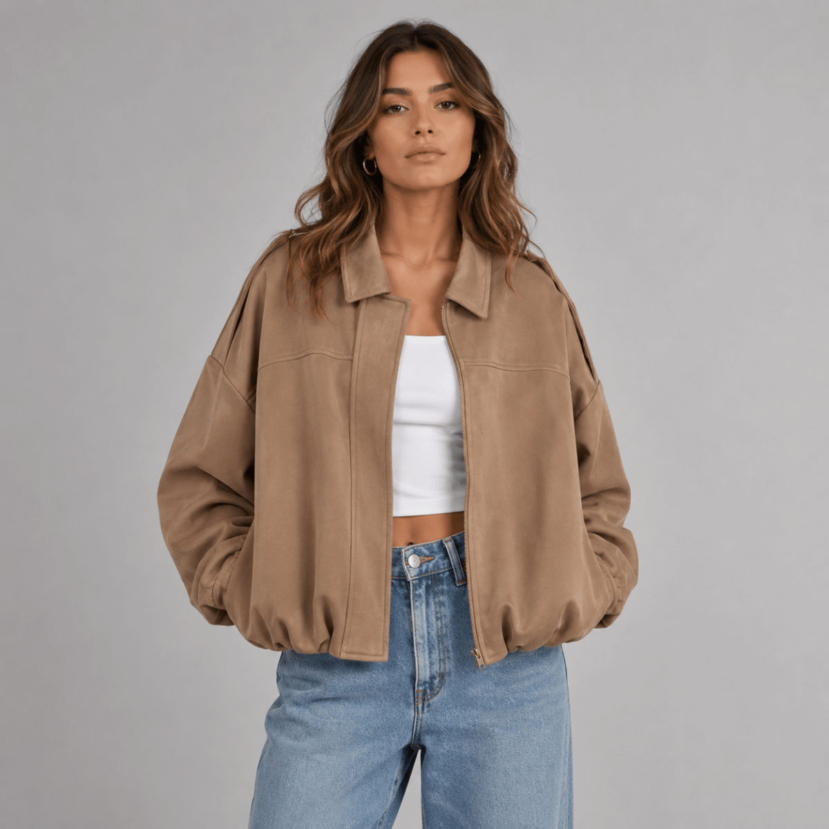Hillevi | Collared Faux Suede Bomber Jacket for Women