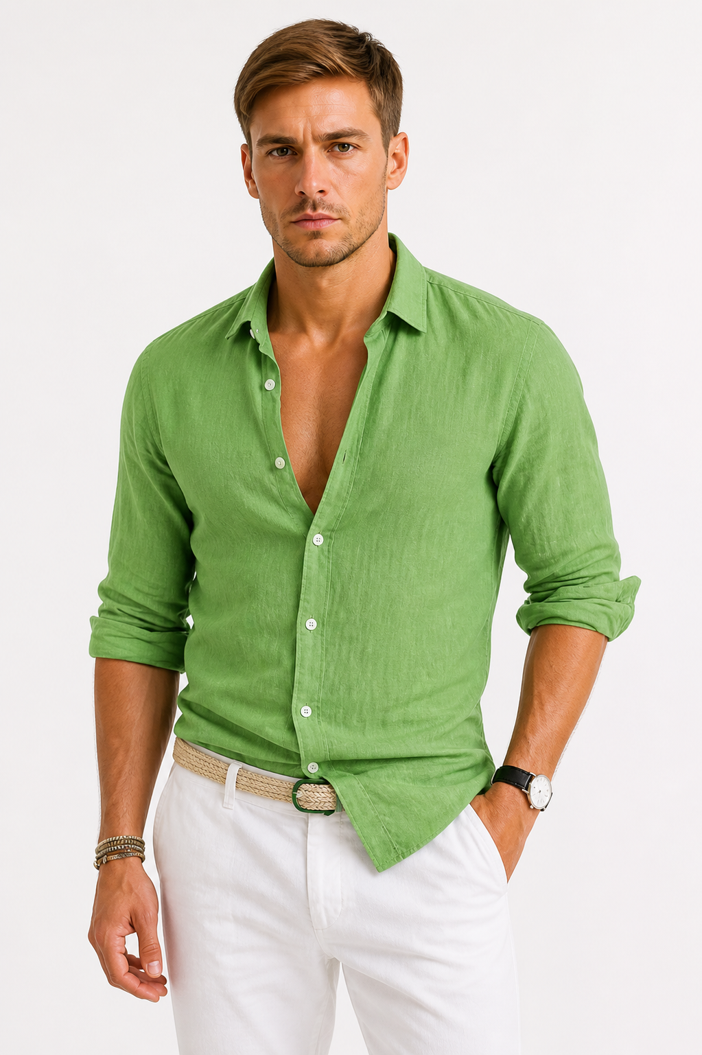 Leon | Textured Button-Front Shirt with Roll-Up Sleeves for Men