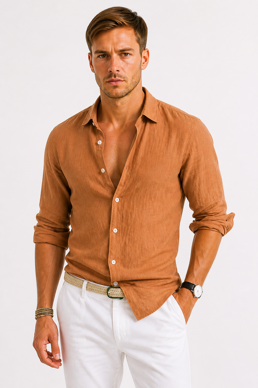 Leon | Textured Button-Front Shirt with Roll-Up Sleeves for Men