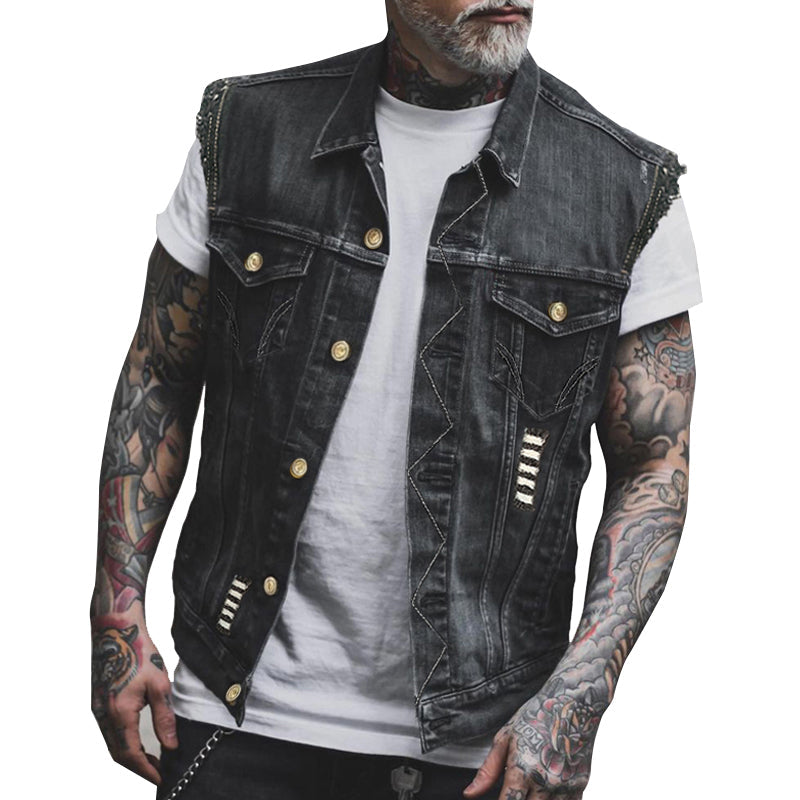 Wells | Button-Front Denim Vest with Flap Pockets for Men