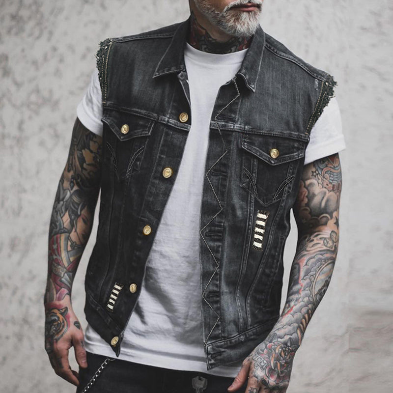 Wells | Button-Front Denim Vest with Flap Pockets for Men