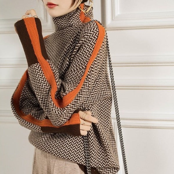 Eleanor | Women's Herringbone Turtleneck Sweater, Relaxed Fit