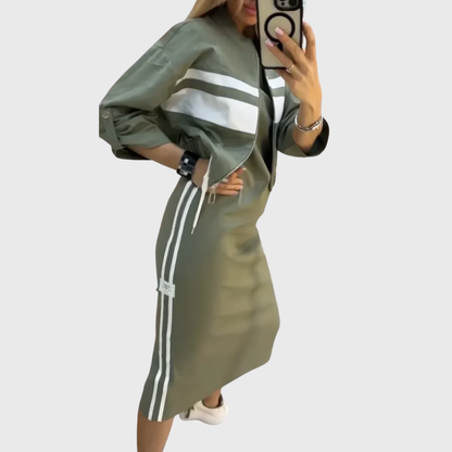 Juno | Women's Two Piece Set Zip-Up Top Midi Skirt