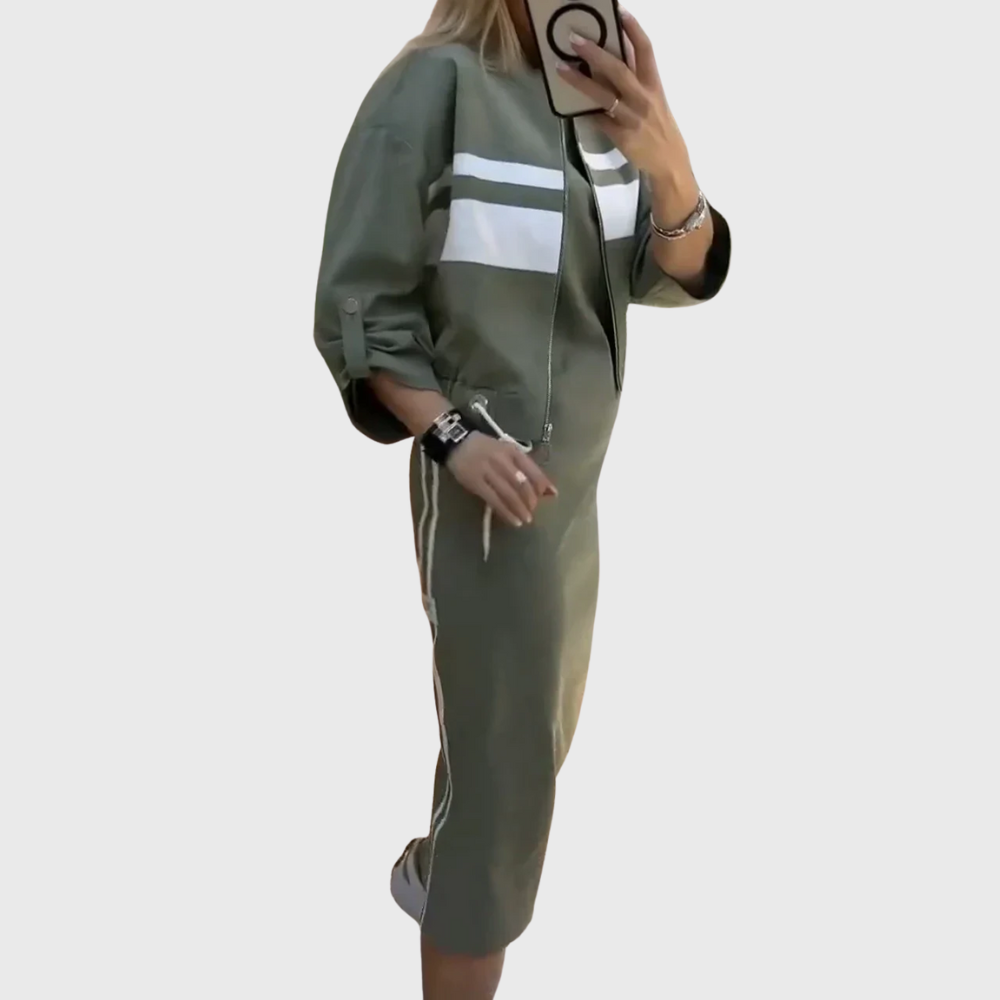 Juno | Women's Two Piece Set Zip-Up Top Midi Skirt