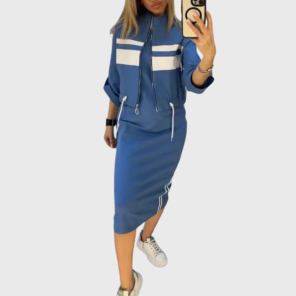 Juno | Women's Two Piece Set Zip-Up Top Midi Skirt