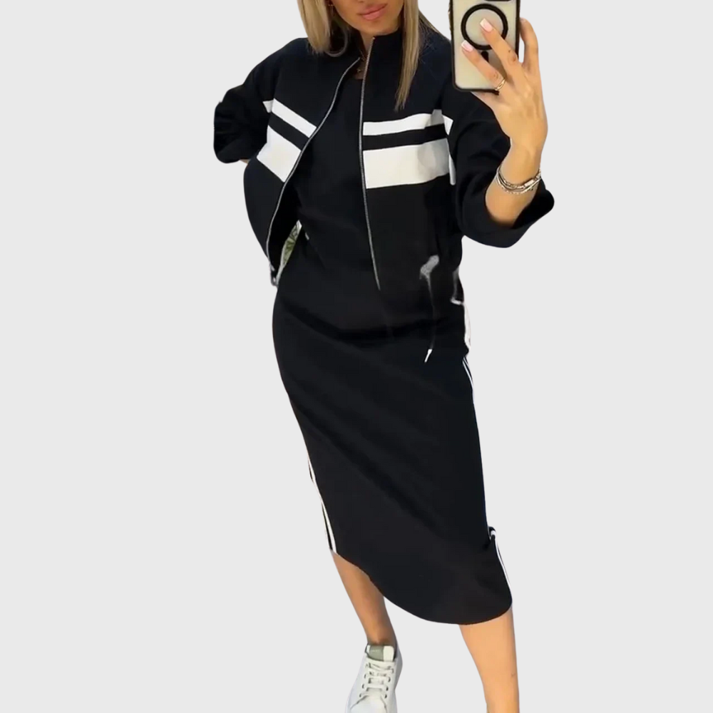 Juno | Women's Two Piece Set Zip-Up Top Midi Skirt