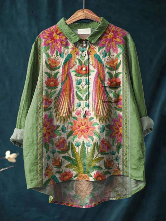 Emerson | Women's Vintage Lovely Floral Birds Art Print Casual  Shirt 0