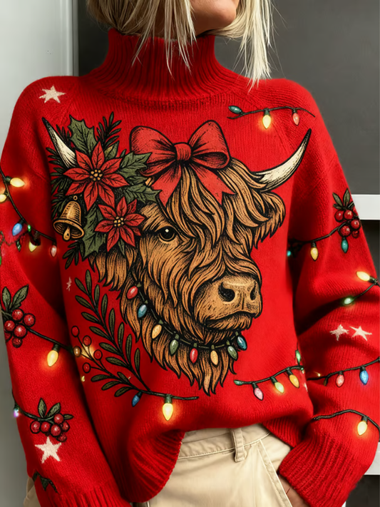 Evangeline™ | Comfy Bull-Print Knit Sweater