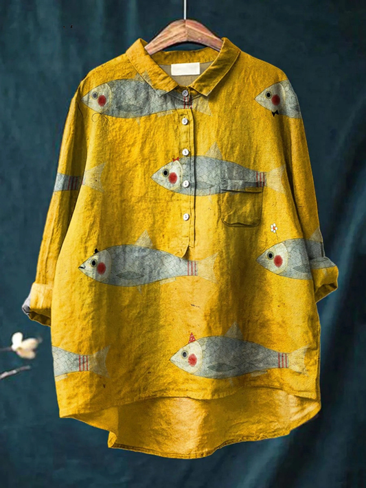 Felicity | Women's Vintage Fish Art Print Casual  Shirt 0