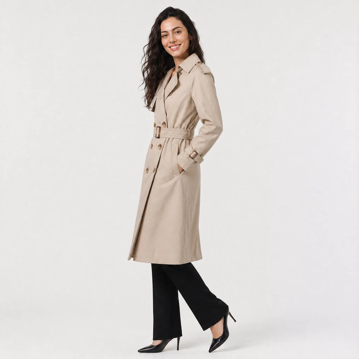 Crystal | Belted Notch Lapel Midi Trenchcoat for Women