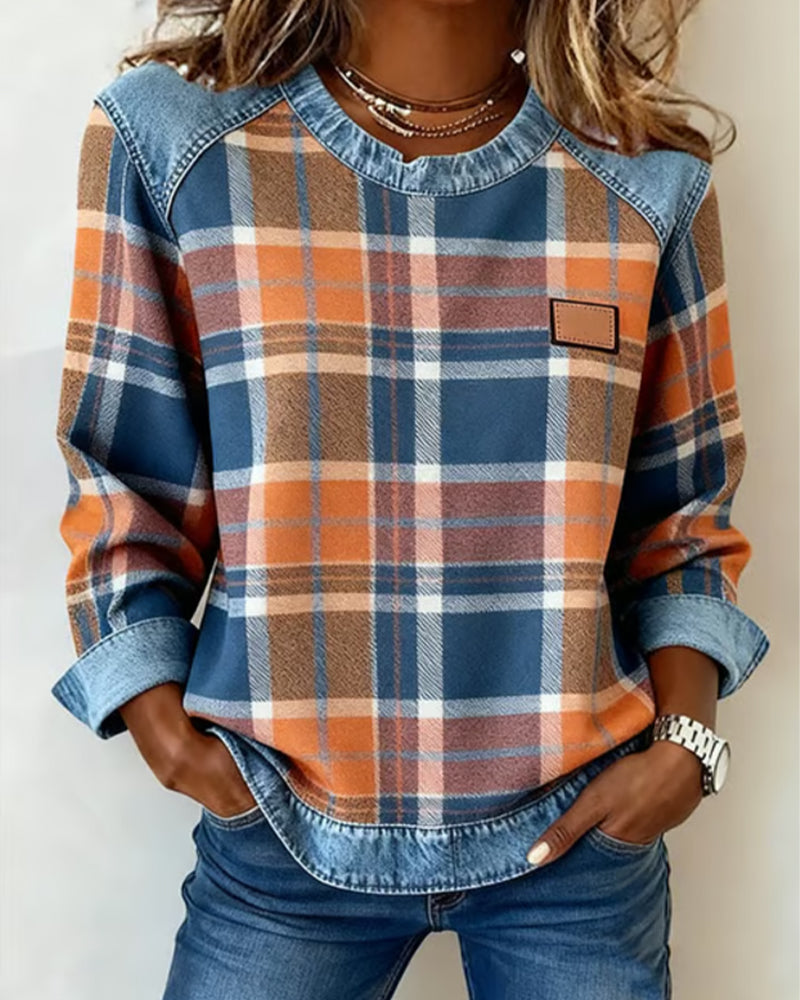 Ivy | Women's Cozy Sweatshirt Checkered Patchwork Pullover