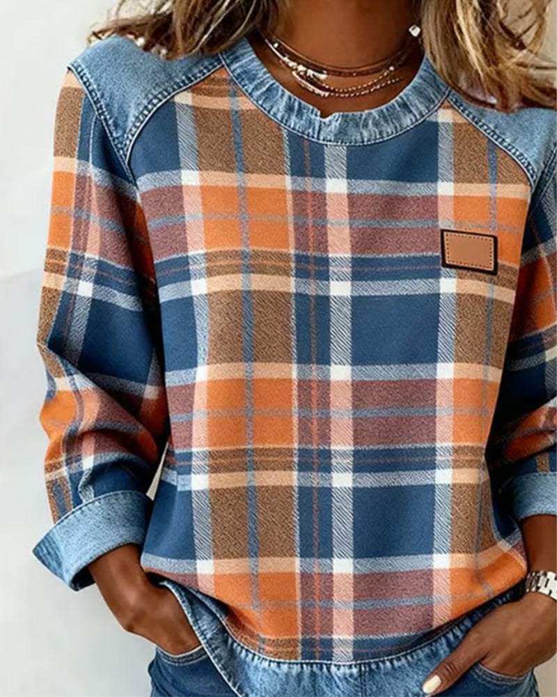 Ivy | Women's Cozy Sweatshirt Checkered Patchwork Pullover