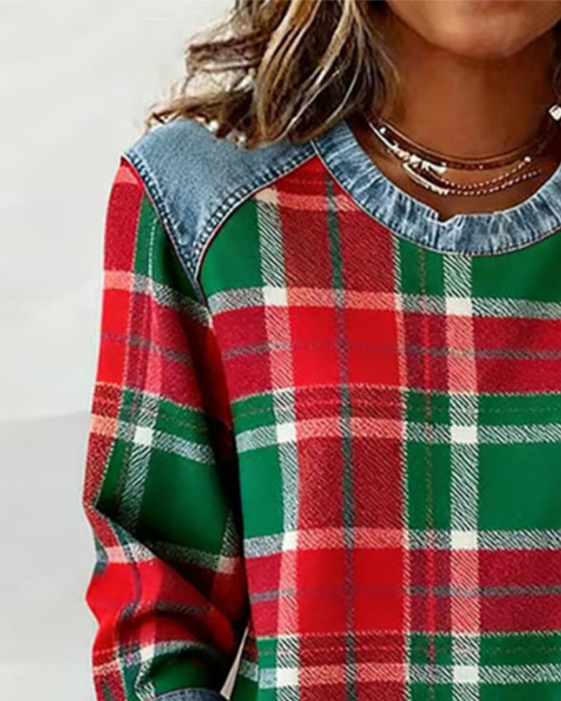 Ivy | Women's Cozy Sweatshirt Checkered Patchwork Pullover