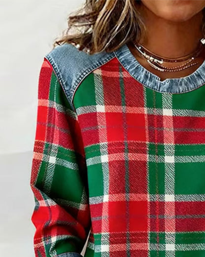 Ivy | Women's Cozy Sweatshirt Checkered Patchwork Pullover