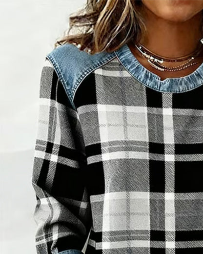 Ivy | Women's Cozy Sweatshirt Checkered Patchwork Pullover