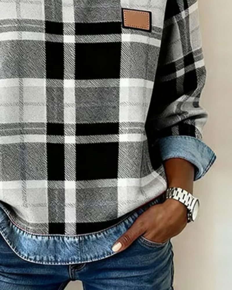 Ivy | Women's Cozy Sweatshirt Checkered Patchwork Pullover