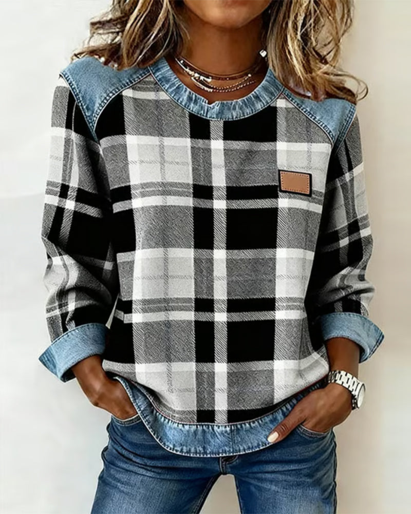 Ivy | Women's Cozy Sweatshirt Checkered Patchwork Pullover