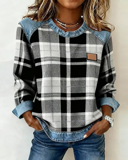 Ivy | Women's Cozy Sweatshirt Checkered Patchwork Pullover