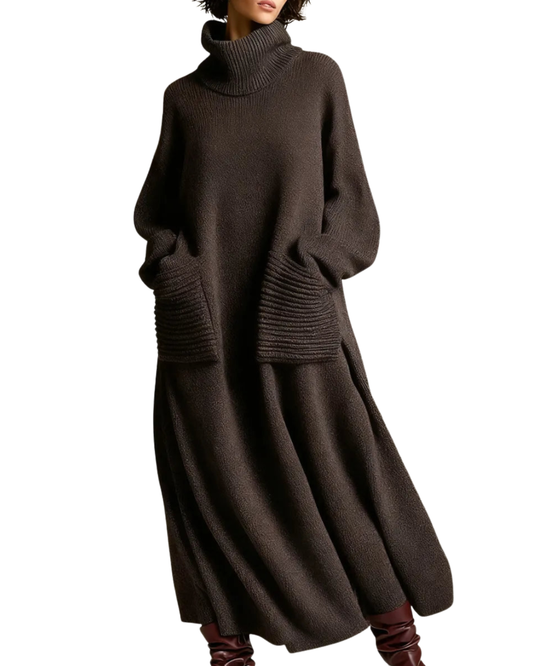 Jenn | Solid Color High-Neck Long-Sleeve Casual Loose Knit Dress