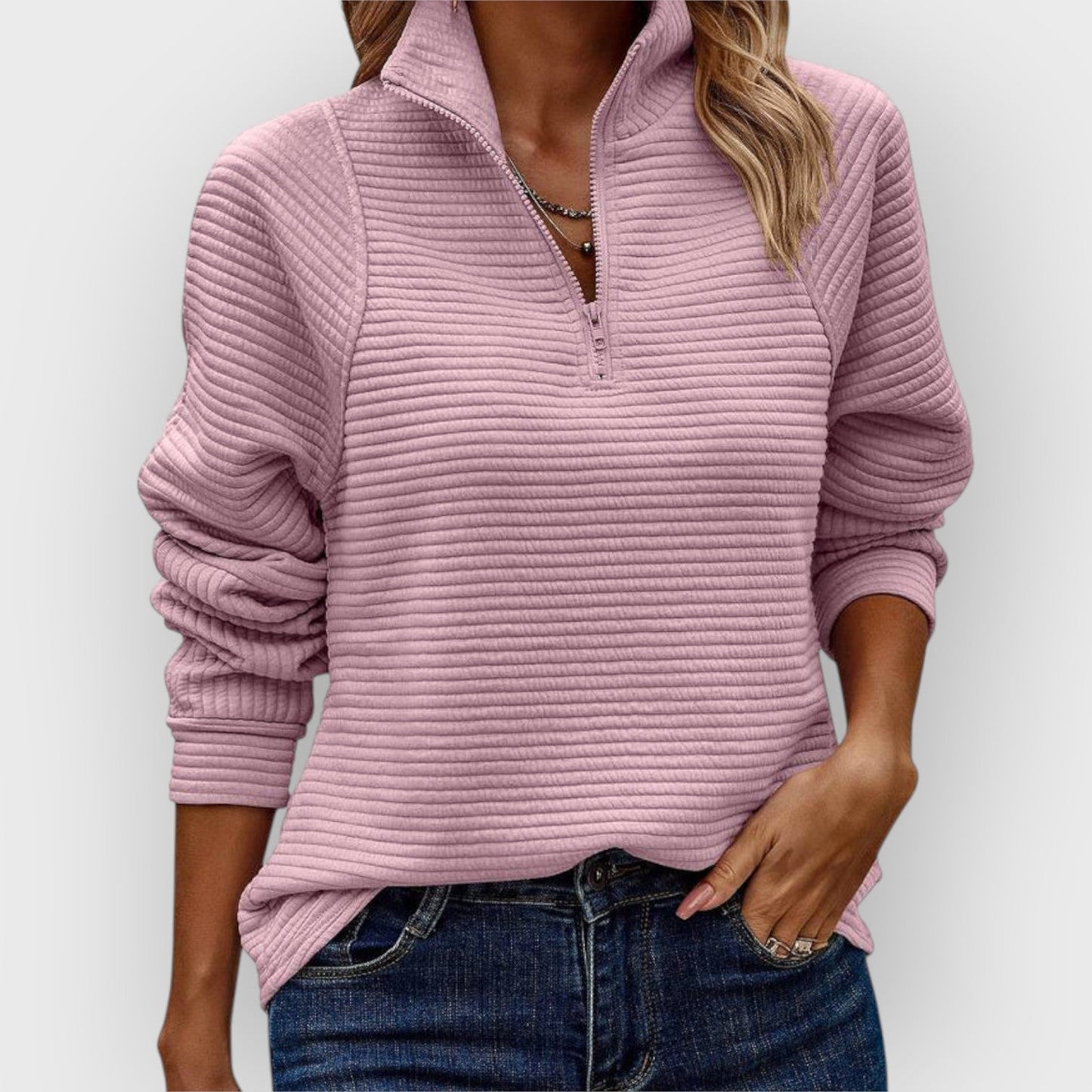 Marisol | Women's V Neck Pullover Sweater Zip Detail