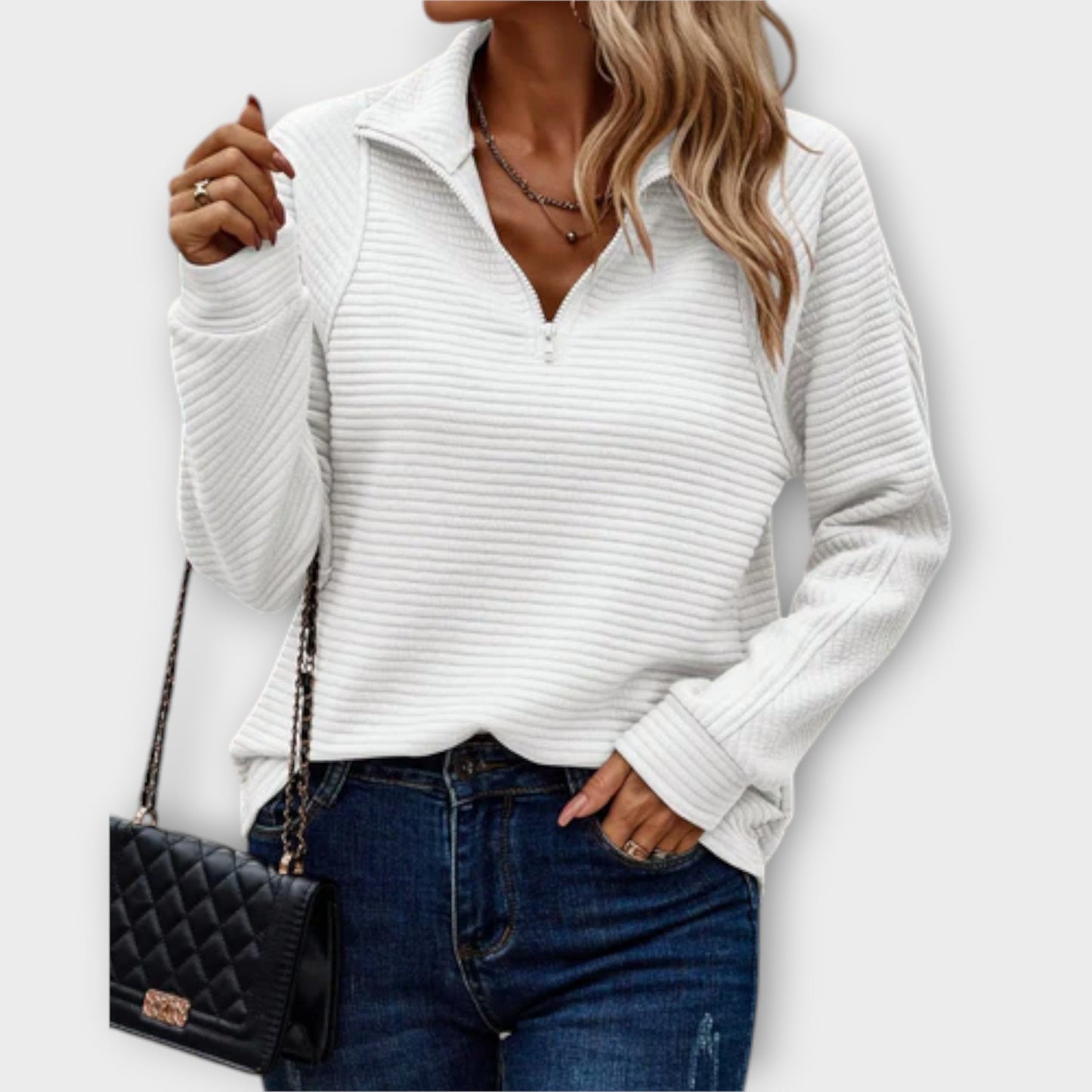 Marisol | Women's V Neck Pullover Sweater Zip Detail