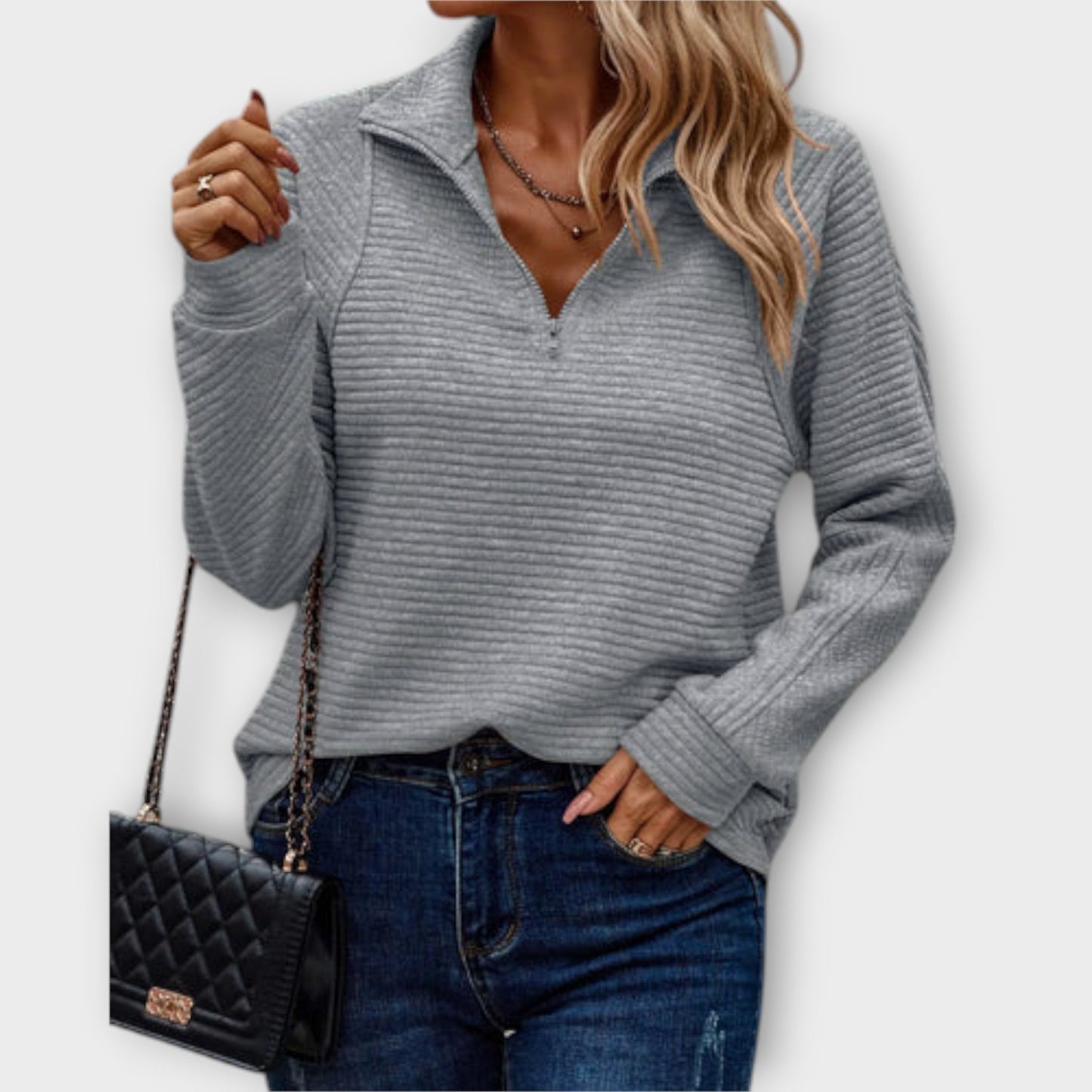 Marisol | Women's V Neck Pullover Sweater Zip Detail
