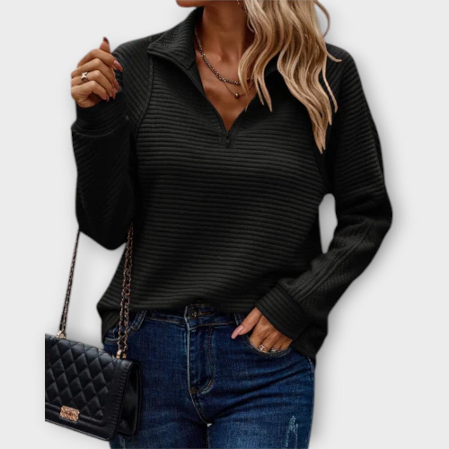 Marisol | Women's V Neck Pullover Sweater Zip Detail
